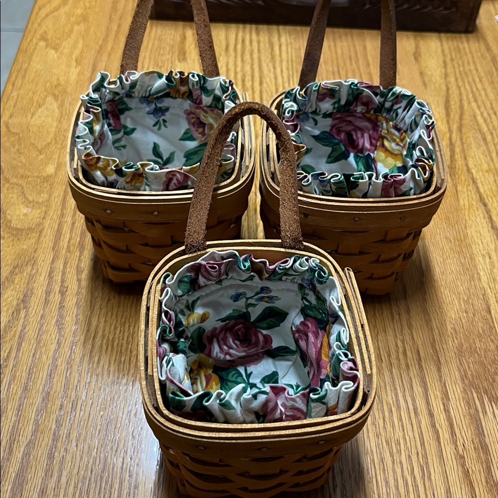 Vintage Woven Longaberger Chive Baskets with Floral Lining - 3